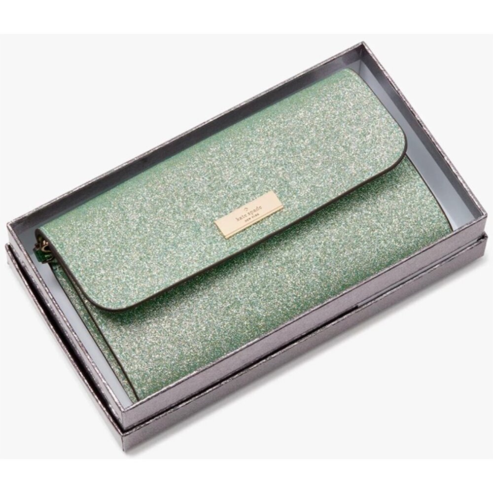 S Kate Spade Kenzie Medium Flap Wristlet Green Glitter Wallet KK332 NWT $199